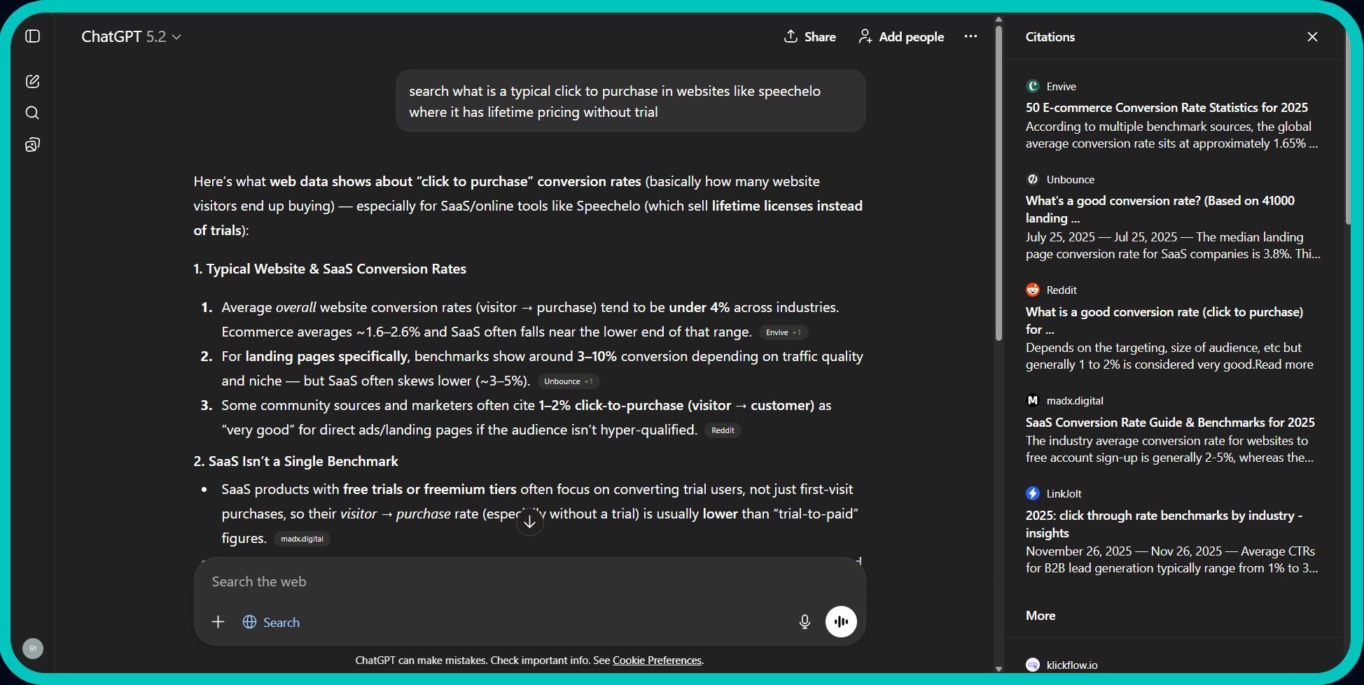 ChatGPT screenshot with web search